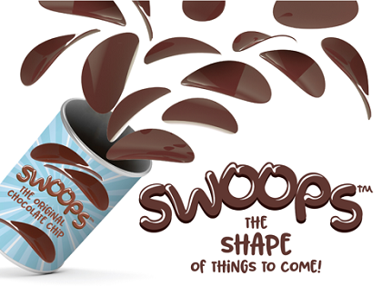 Chocolate Swoops chips spilling from a blue and white can, tagline: 