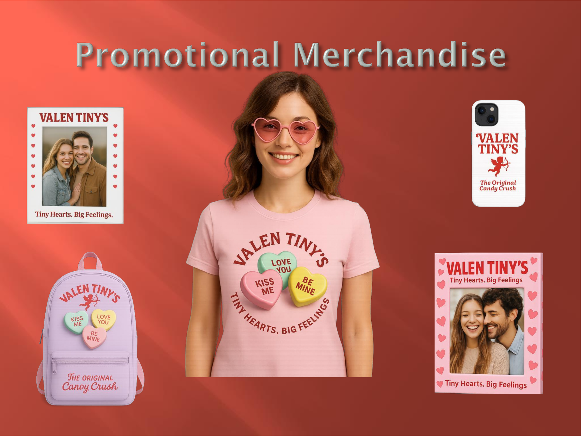 Promotional merchandise layout featuring a woman in a pink T-shirt with matching stickers, poster, backpack, and phone case