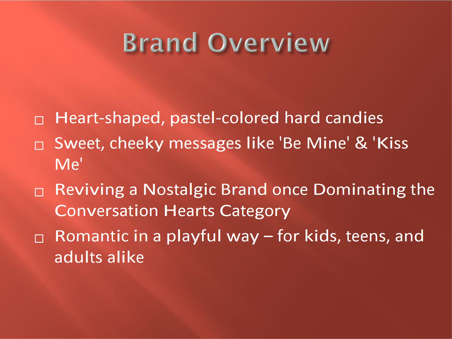Brand overview slide with heart-shaped pastel candies and “Be Mine”/“Kiss Me” messages on a red background
