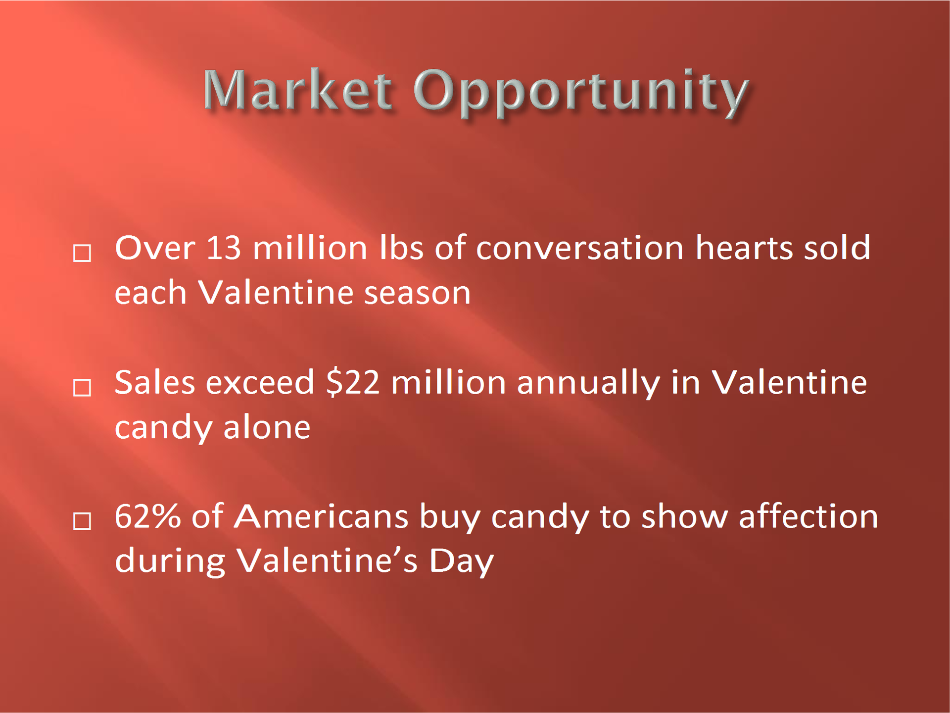 Red slide titled “Market Opportunity” with bullet points about Valentine’s candy sales and conversation hearts.