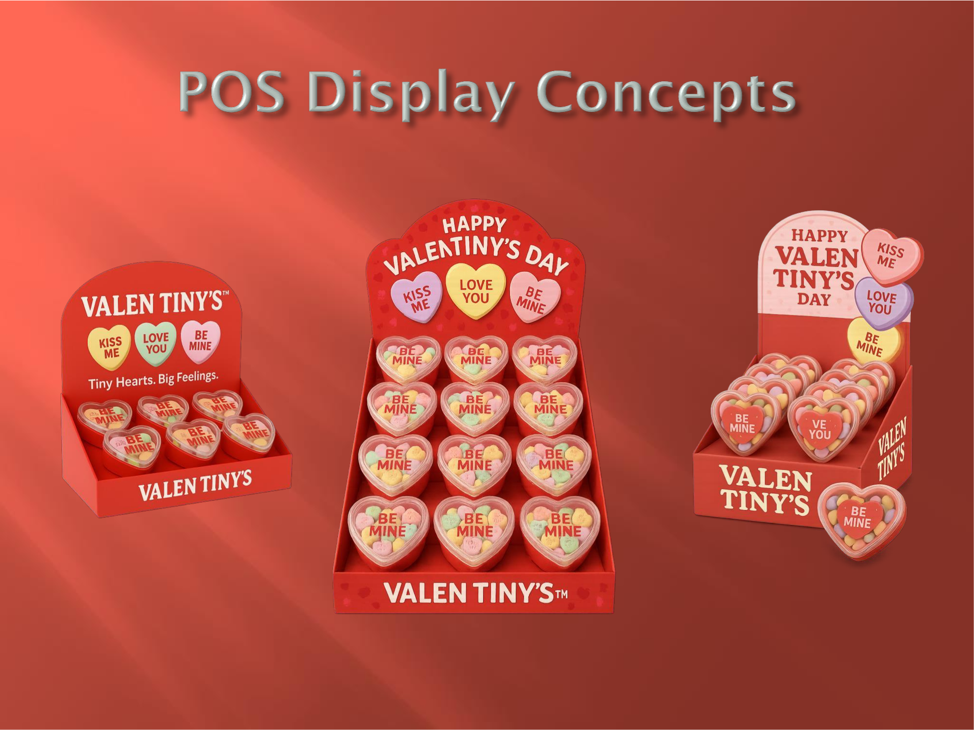 Valentine's Day candy POS displays in red packaging, arranged in three store display stands