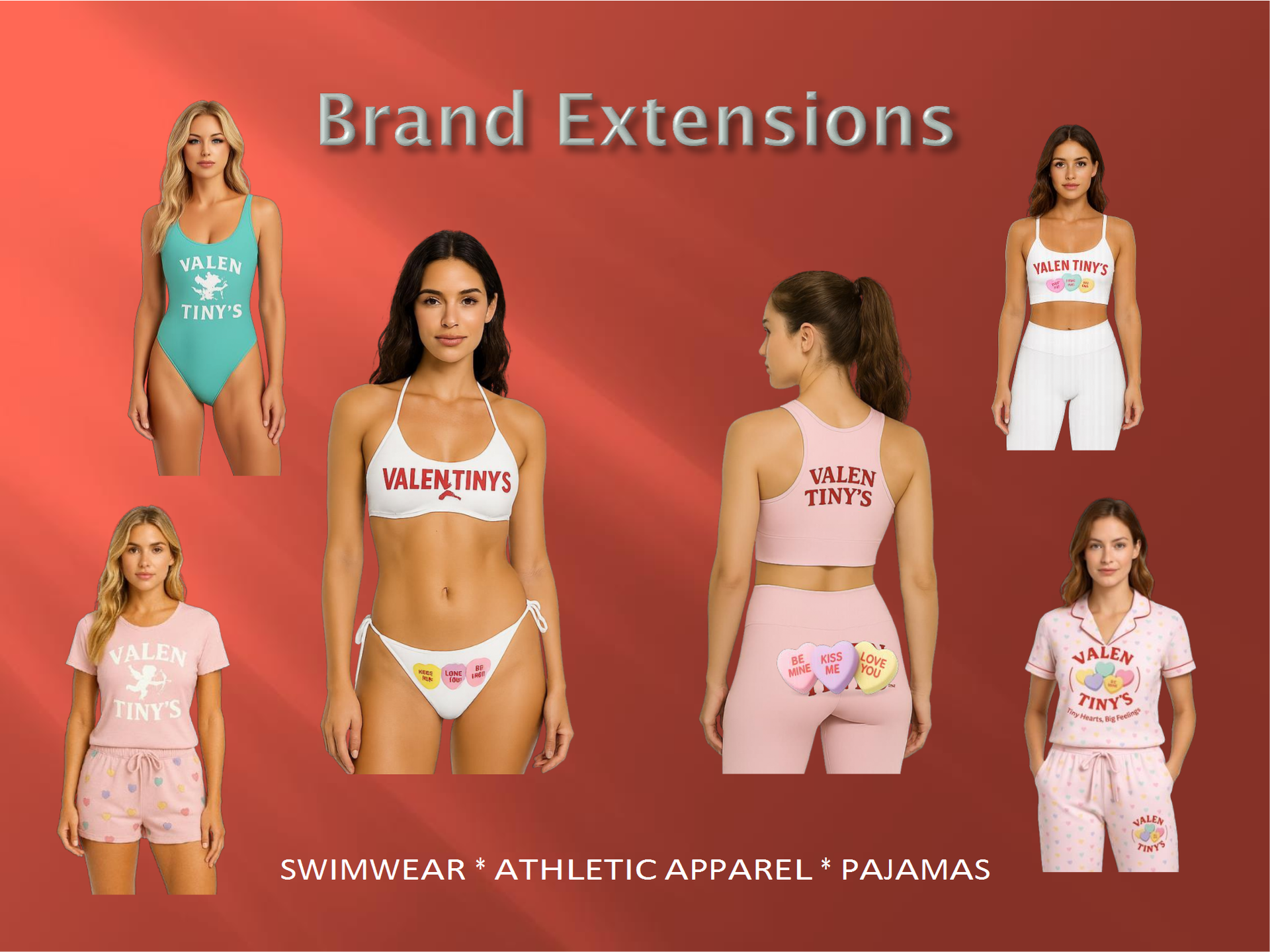 Brand Extensions poster showing women’s swimwear, athletic apparel, and pajamas on a coral background
