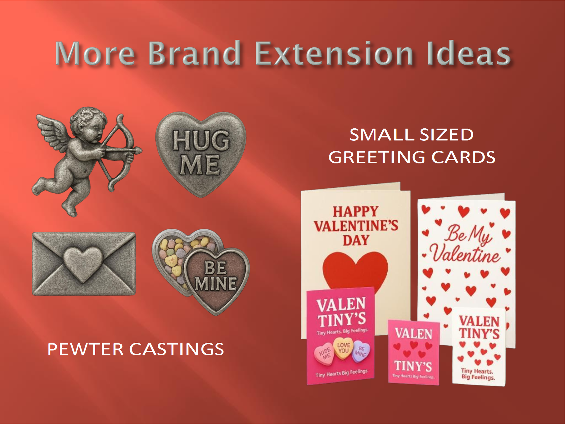 Brand extension mockup showing pewter cast charms, heart pins, and small Valentine’s greeting cards