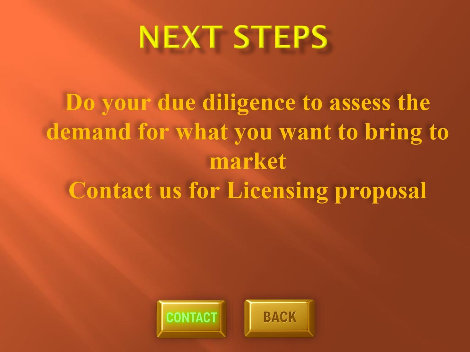Orange slide with “Next Steps” text and Contact and Back buttons at the bottom