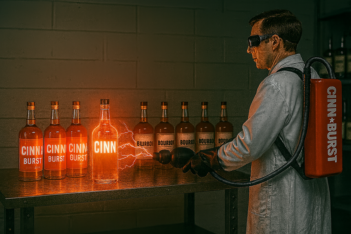 Man in lab coat and goggles aiming a flamethrower at a row of