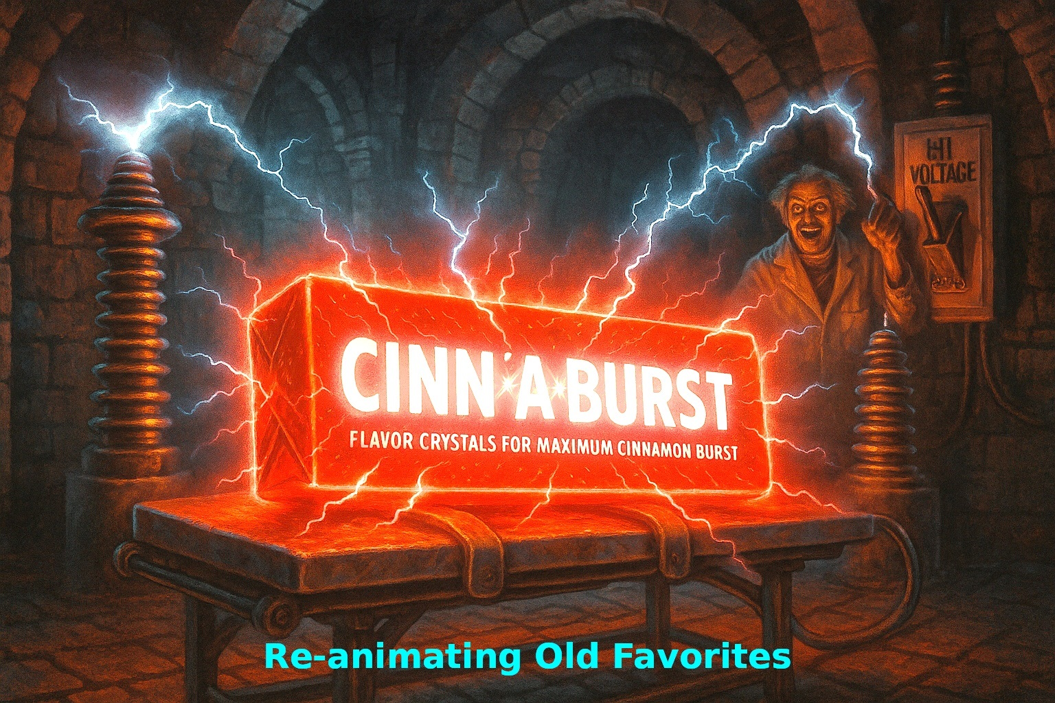 Man electrifies a Cinn-A-Burst box in a laboratory. Red glow, sparks fly.