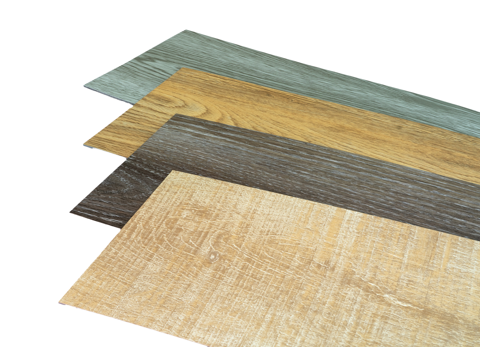 Various wood-look planks in shades of brown, gray, and green. The planks are fanned out, showing their textures.