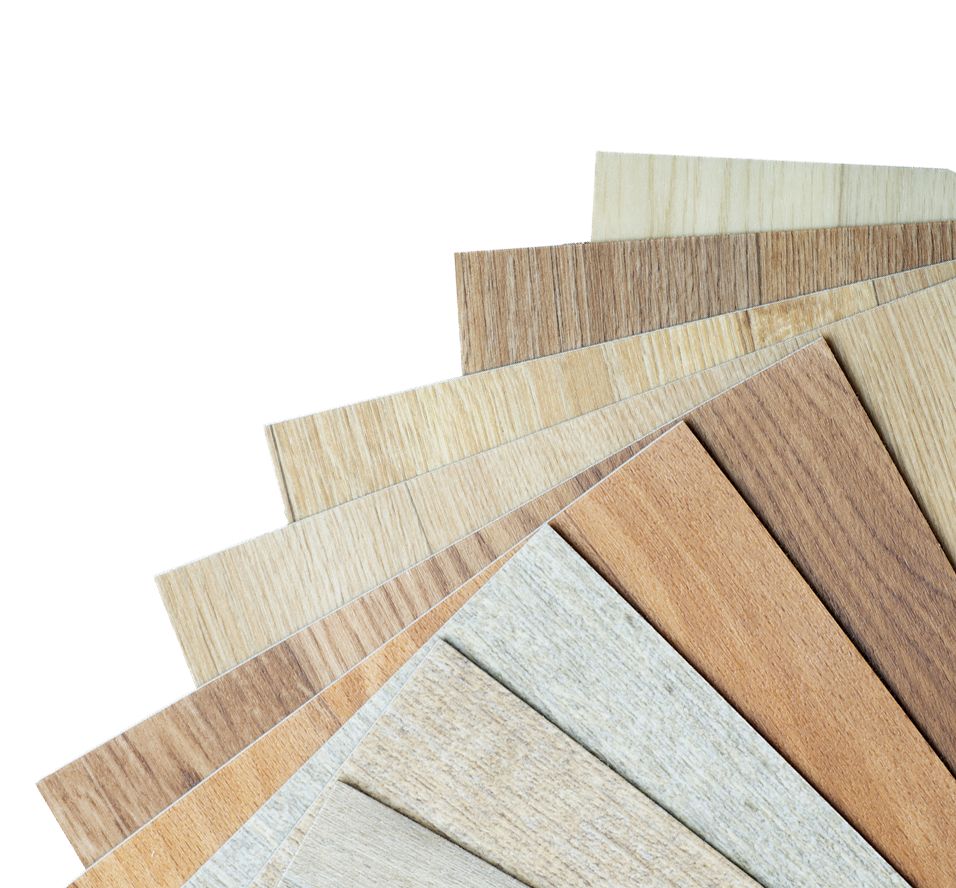 A fan of various wood-look flooring samples in shades of tan and brown against a white background.