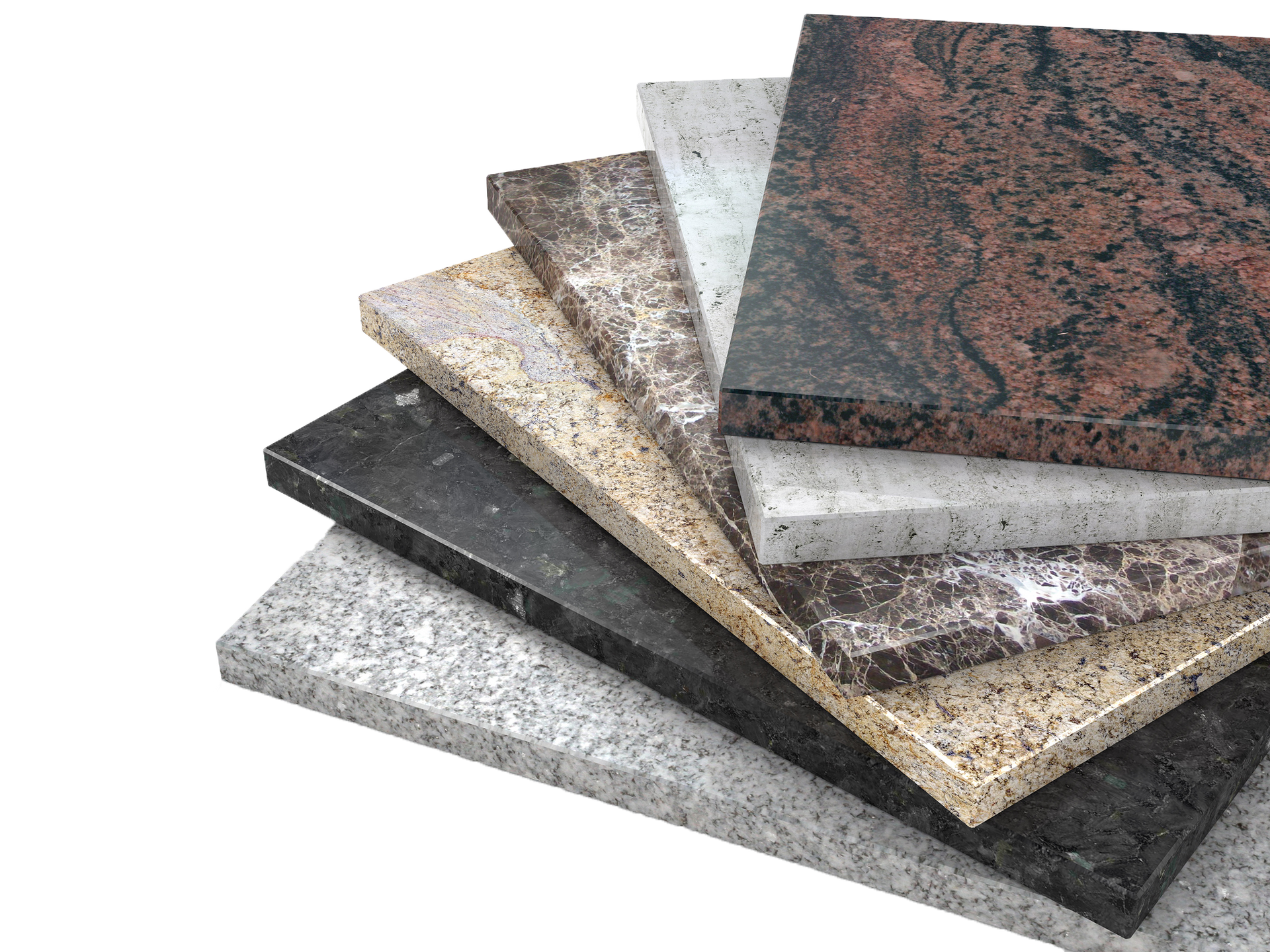 Pile of various granite countertop samples, showcasing different colors and patterns.