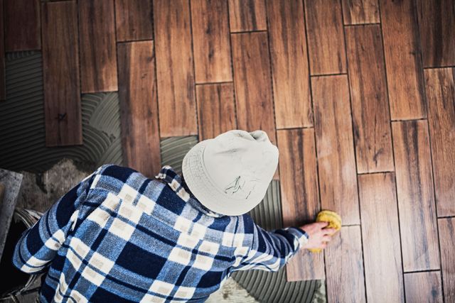 Person installing wood-look tile, viewed from above. They wear a plaid shirt and a white hat and are applying grout with a sponge.
