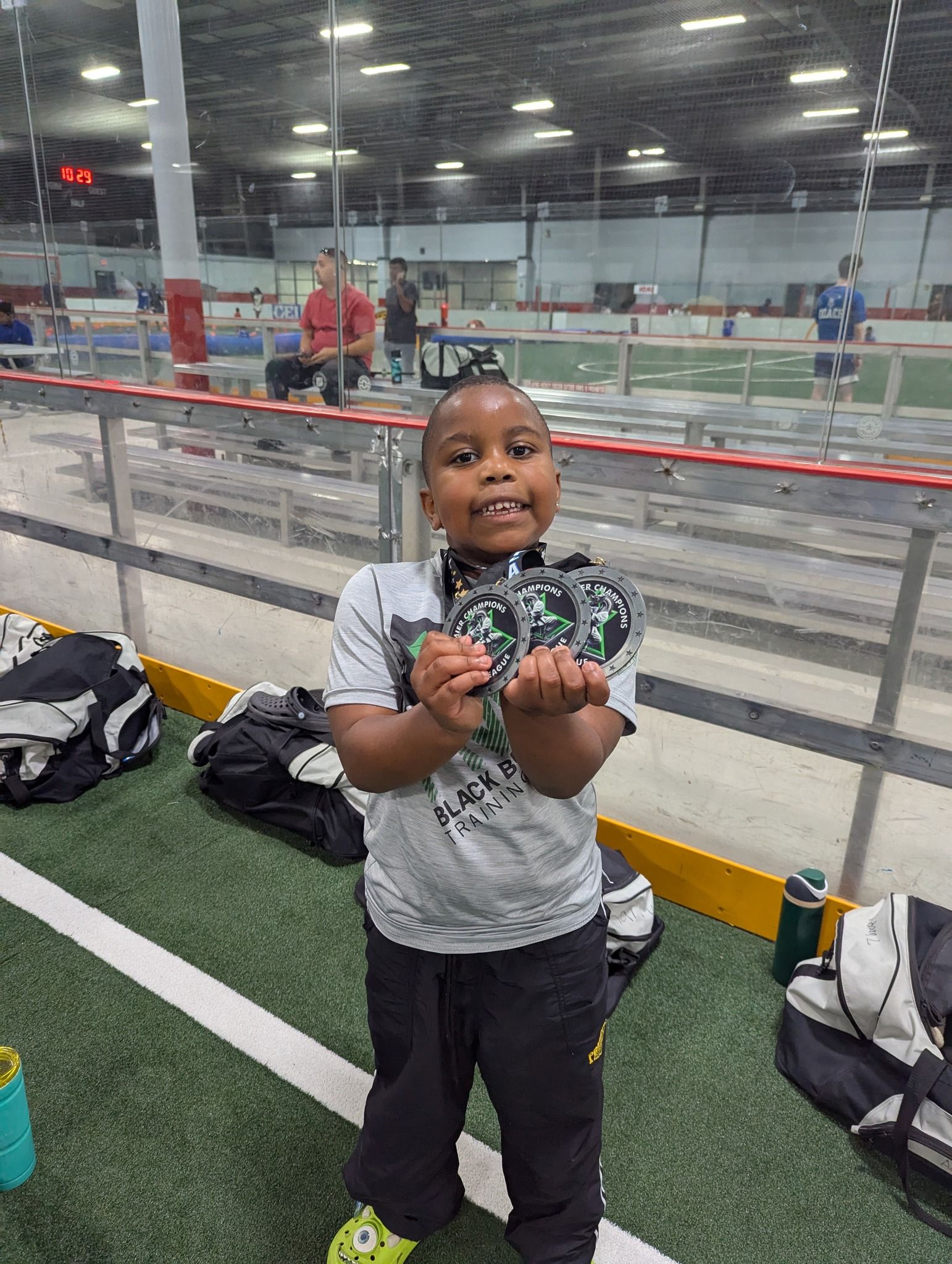 An aerial view of a city skyline at sunset.