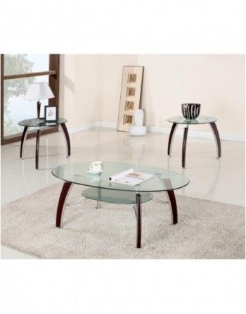 A glass coffee table and two end tables in a living room