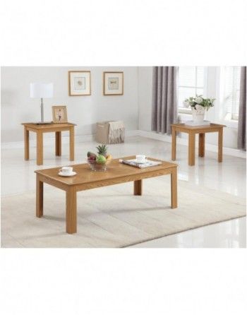 A living room with a coffee table and two end tables