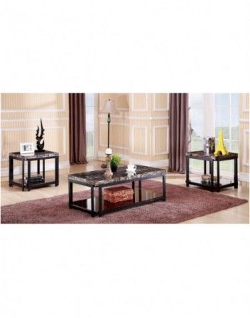 A living room with a coffee table and two end tables.