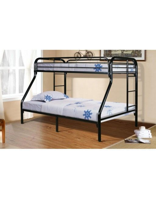 A black bunk bed is sitting in a living room next to a window.