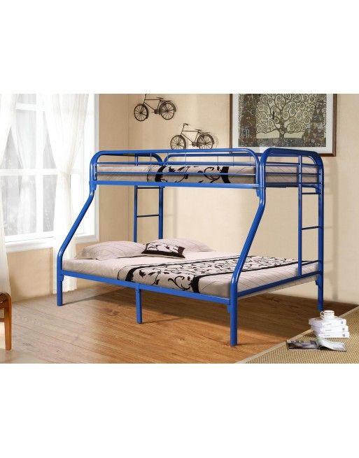 A blue bunk bed is sitting in a room next to a window.