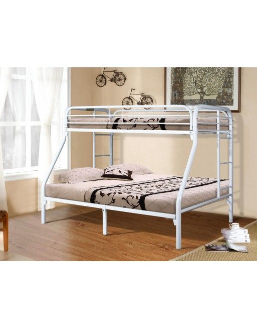 A white bunk bed is sitting in a bedroom next to a window.