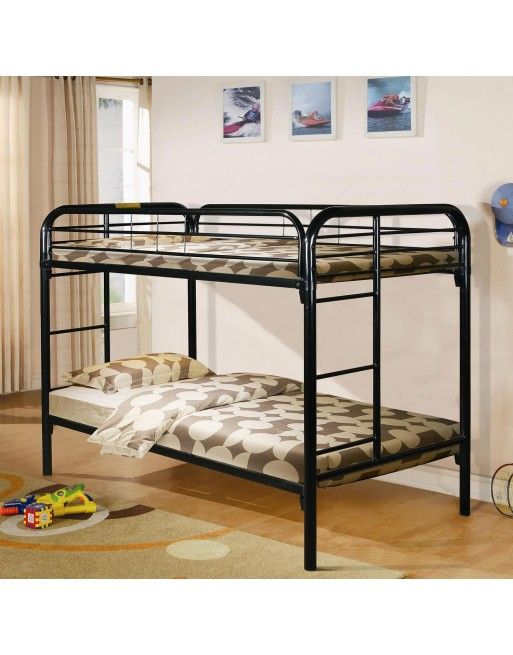 A black bunk bed in a bedroom with pictures on the wall