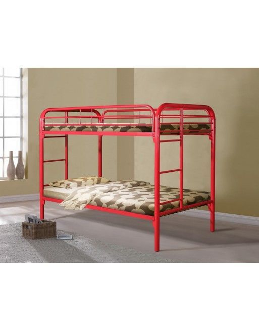 A red bunk bed is sitting in a room next to a window.