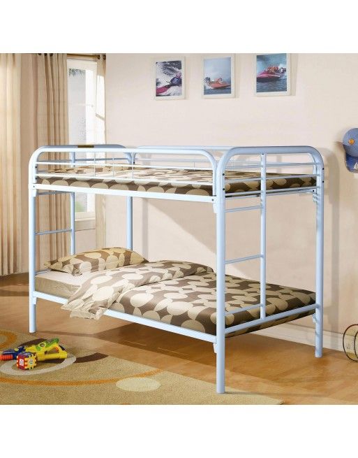 A blue bunk bed in a room with pictures on the wall