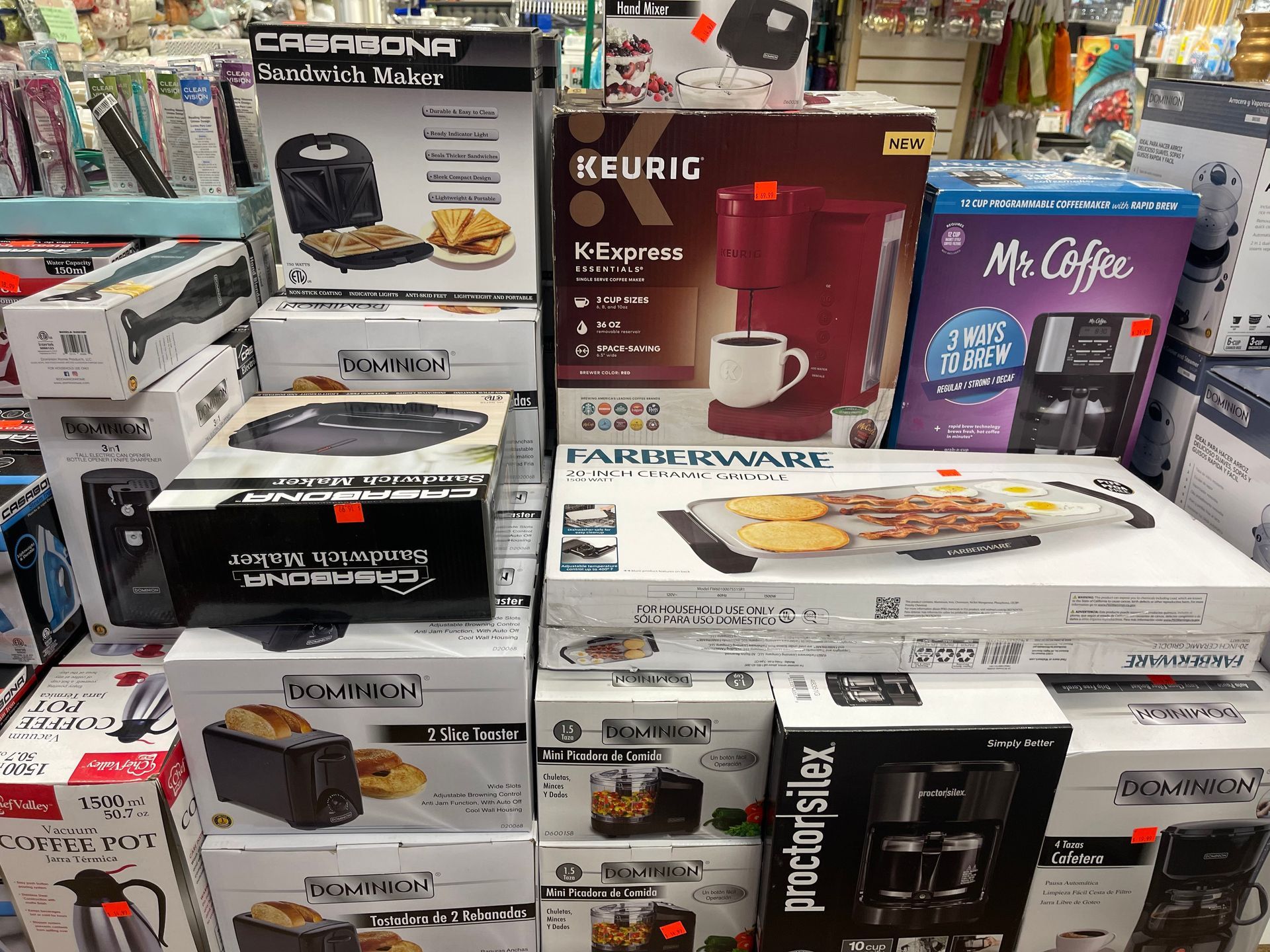 A bunch of boxes are stacked on top of each other in a store.