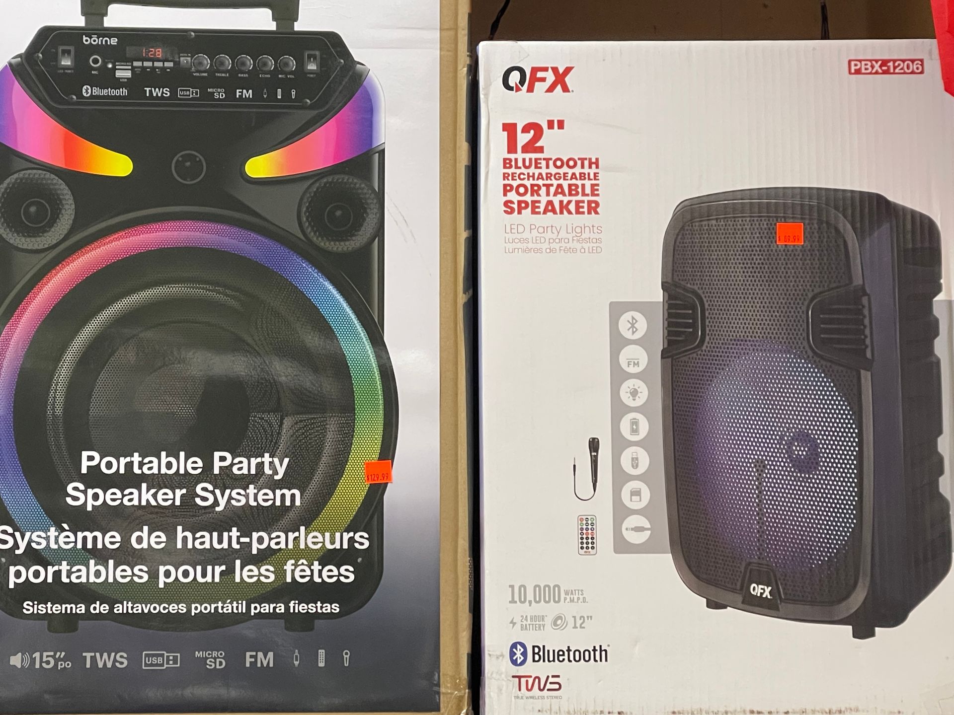 A portable party speaker system is shown next to its box