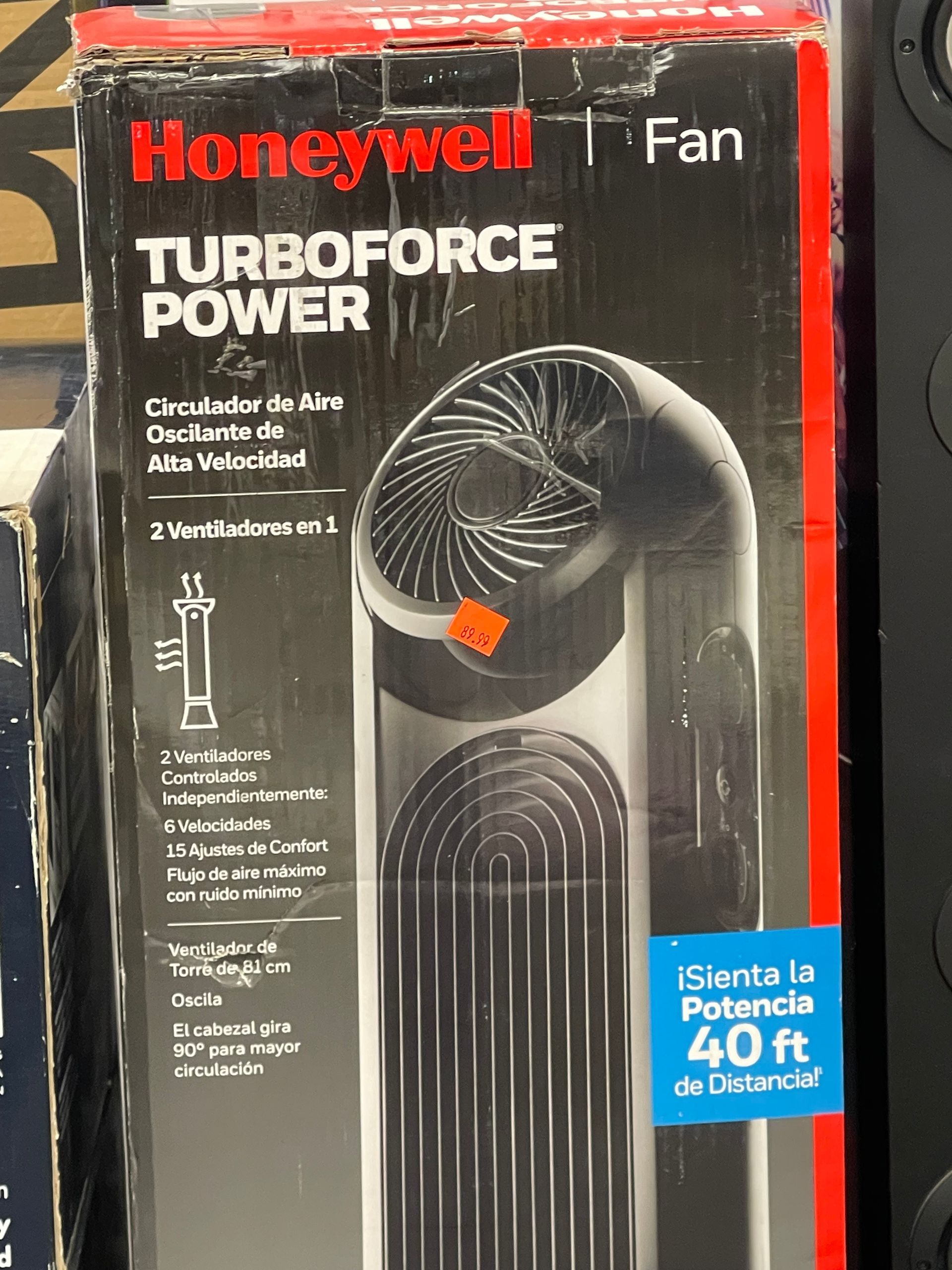 A honeywell turboforce power fan is in a box