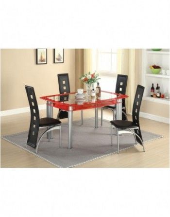 A dining room with a red table and black chairs