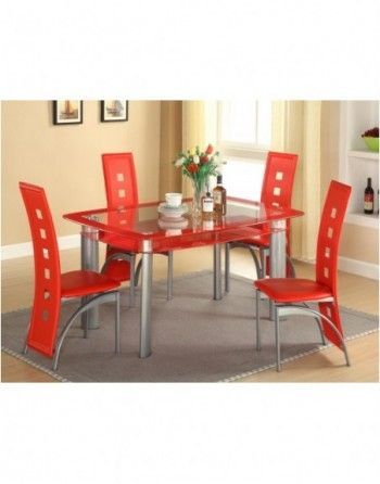 A dining room table with red chairs and a vase of flowers on it
