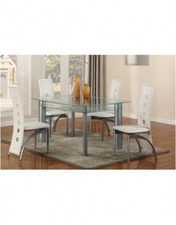 A glass dining table with white chairs in a living room.