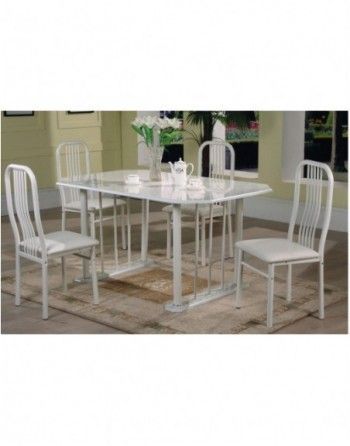 A white dining table with four white chairs in a room.