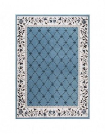 A blue rug with a white border and flowers on it