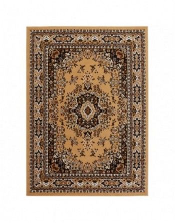 A rug with a floral pattern on it is on a white background.