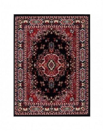 A red and black rug with a floral pattern on a white background.
