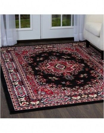 A red and black rug is on the floor in a living room