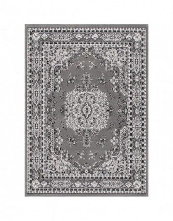 A gray rug with a white pattern on it on a white background.