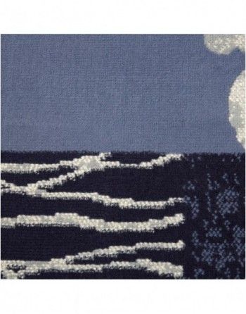 A blue rug with waves and clouds on it