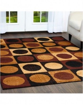 A rug with circles and squares on it in a living room