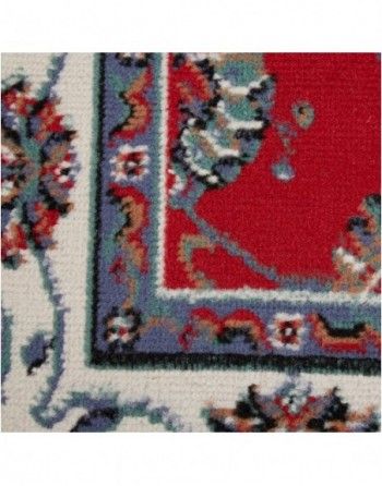 A close up of a rug with a red border