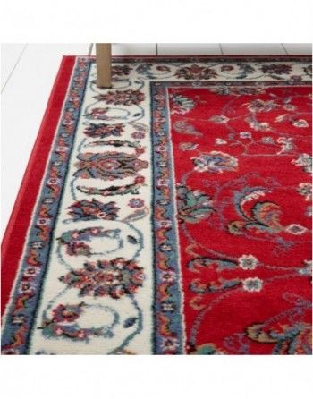 A red rug with a white border is on the floor