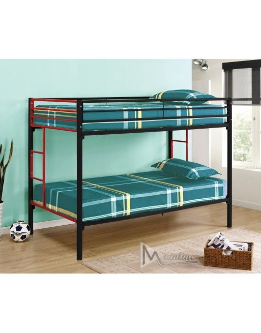 A black and red bunk bed with blue sheets in a room.