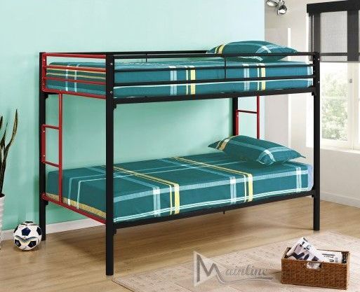 A bunk bed with blue sheets and a red frame