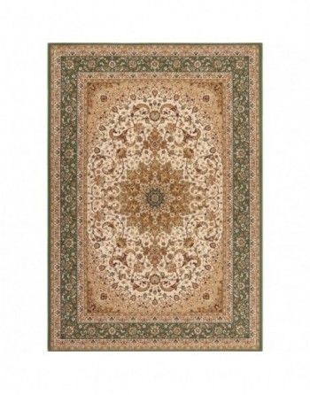A rug with a floral pattern and a green border on a white background.