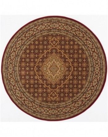A round rug with a gold and red pattern on a white background.
