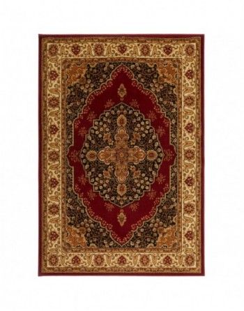 A red and gold rug with a cross on it