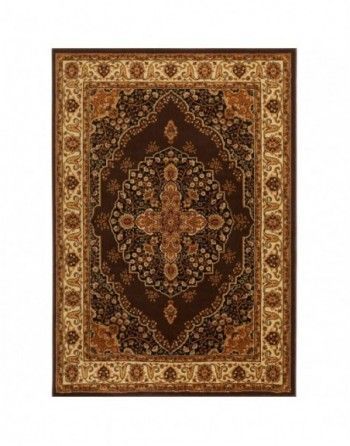 A brown rug with a floral pattern on it is on a white background.