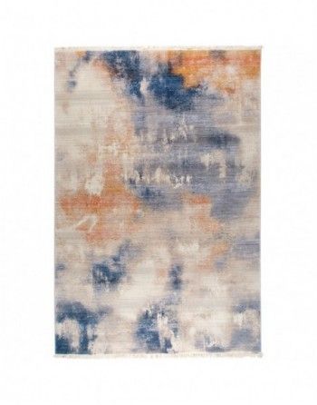 A blue and orange rug with a painting on it on a white background.