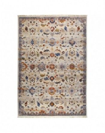 A rug with a floral pattern on it is on a white background.