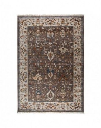 A brown rug with a floral pattern on a white background.
