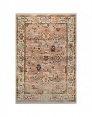 A rug with a floral pattern on it is on a white background.